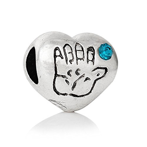 Heart w/ Hand Print and  Crystal Bead Compatible for Most European Snake Chain Bracelet (Blue) - Sexy Sparkles Fashion Jewelry - 1