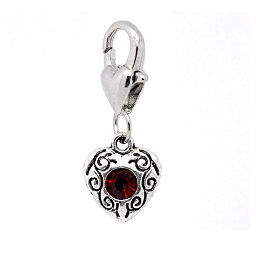 Antique Silver January Rhinestone Heart Clip On Charms. Fits Thomas Sabo 26x10mm,