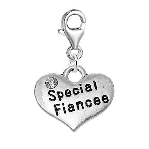 Clip on Special Fiance Wedding Heart w/ Clear  Crystals Charm Pendant for European Clip on Jewelry w/ Lobster Clasp - Sexy Sparkles Fashion Jewelry