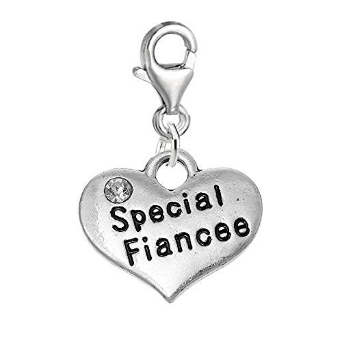Clip on Special Fiance Wedding Heart w/ Clear  Crystals Charm Pendant for European Clip on Jewelry w/ Lobster Clasp
