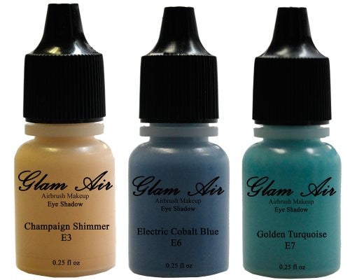 Glam Air Set of Three (3) s-E3Champaign Shimmer, E6Electric Cobalt Blue,& E7Golden Turquoise   Airbrush Water-based 0.25 Fl. Oz. Bottles of Eyeshadow - Sexy Sparkles Fashion Jewelry - 1