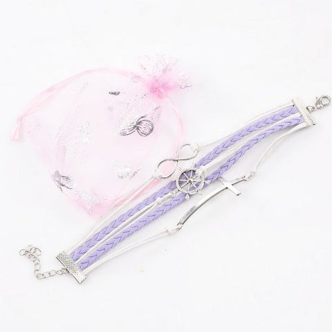 Wax Rope Braiding Bracelet Mixed W/Antique Silver Cross & Infinity Symbol & Rudder Findings 20cm(7 7/8")long - Sexy Sparkles Fashion Jewelry - 3