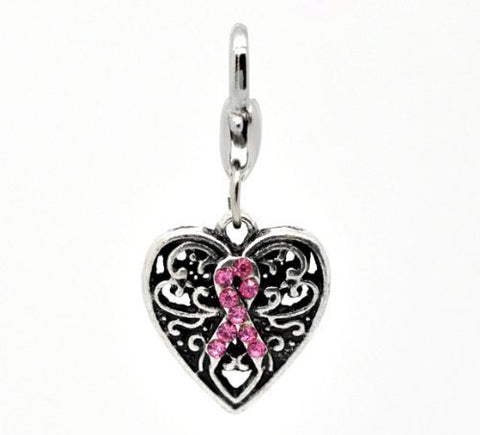 Pink Ribbon Awareness Heart Clip on Pendant for European Charm Jewelry w/ Lobster Clasp - Sexy Sparkles Fashion Jewelry - 4