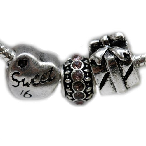 Set of Three (3) Charms Sweet 16, Present Box and Rhinestone Charm European Bead Compatible for Most European Snake Chain Bracelet