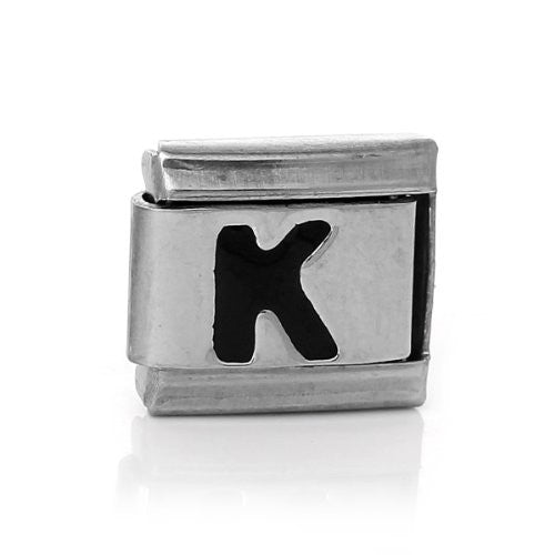 Italian Charm Bracelet Link Square Silver Tone Alphabet Letter (K)