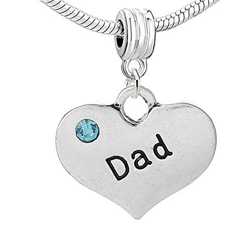 Dad Heart Pendant w/ Blue  Crystal Bead Compatible for Most European Snake Chain Bracelet