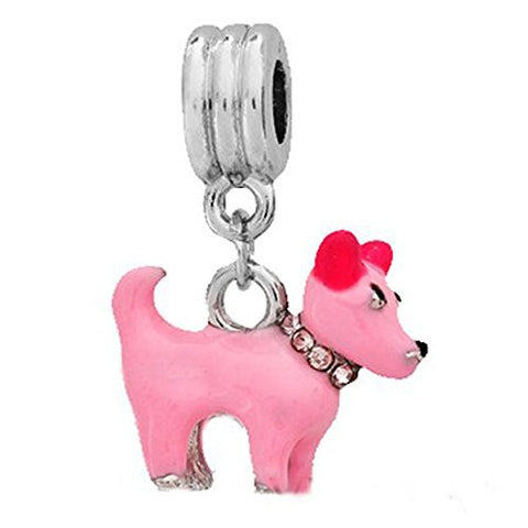 Beautiful 3D Pink Enamel Dog W/Pink  Rhinestone Collar Dangle European Bead Compatible for Most European Snake Chain Charm Bracelet - Sexy Sparkles Fashion Jewelry - 1