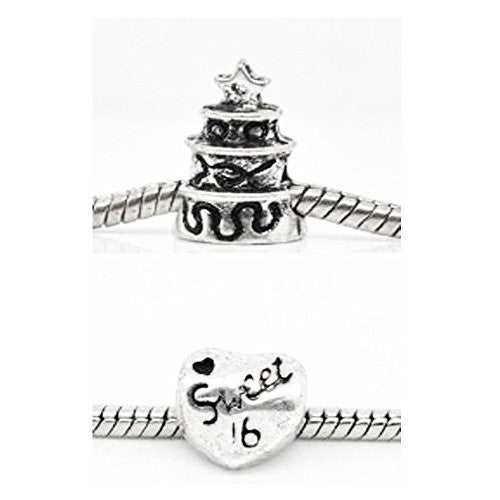 Birthday Cake Charm and Sweet 16 Charm Beads for Snake Chain Bracelet
