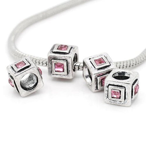 Cube Charm with pink  Rhinestone Crystals European Bead Compatible for Most European Snake Chain Bracelet - Sexy Sparkles Fashion Jewelry - 2