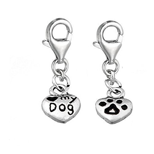 Love My Dog Heart w/ Paw Clip On Pendant for European Charm Jewelry w/ Lobster Clasp