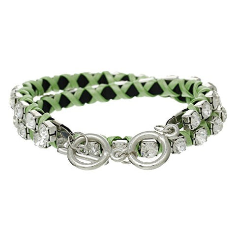 Cowhide Leather Toggle Clasp Bracelet Green Clear Rhinestone 42cm(16 4/8") - Sexy Sparkles Fashion Jewelry - 2