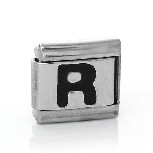Italian Charm Bracelet Link Square Silver Tone Alphabet Letter (R)