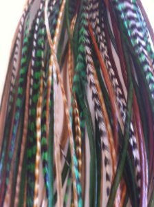 Green, Brown & Grizzly Remix 6-12 Feathers for Hair Extension Includes 2 Silicon Micro Beads.