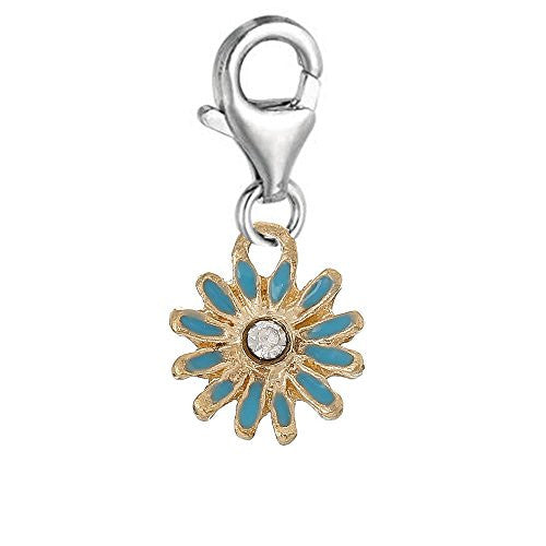 Clip on Blue Daisy Flower Silver Tone Charm Pendant for European Jewelry w/ Lobster Clasp