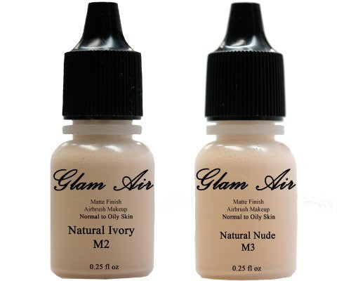 (2)Two Glam Air Airbrush Makeup Foundations M2 Natural Ivory & M3 Natural Nude for Flawless Looking Skin Matte Finish For Normal to Oily Skin (Water Based)0.25oz Bottles