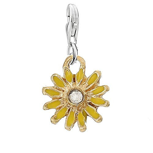 Clip on Yellow Daisy Flower Silver Tone Charm Pendant for European Jewelry w/ Lobster Clasp