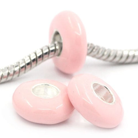 European Charm Beads Flat Round Silver Plated Enamel light Pink - Sexy Sparkles Fashion Jewelry - 3