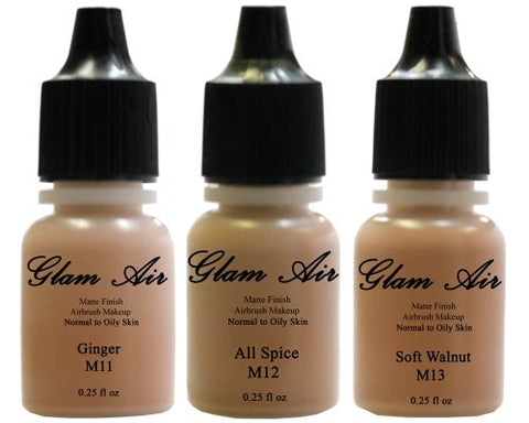Set of Three (3) Airbrush Makeup Foundations Matte M11 Ginger, M12 All Spice, M13 Soft Walnut Water-based Makeup Lasting All Day 0.25 Oz Bottle By Glam Air - Sexy Sparkles Fashion Jewelry - 1