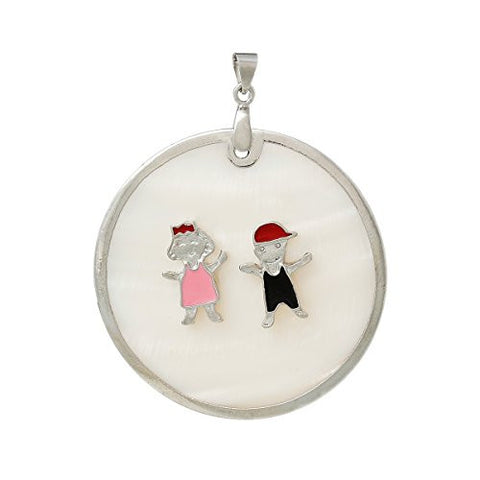 White Shell Round Charm Pendant Lovely Girl Boy Pattern Pinch Clasp - Sexy Sparkles Fashion Jewelry - 1
