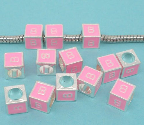 "B" Letter Square Charm Beads Pink Enamel European Bead Compatible for Most European Snake Chain Charm Braceletss - Sexy Sparkles Fashion Jewelry - 2