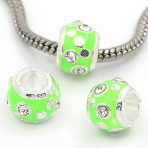 European Charm Beads Column Silver Plated Clear Rhinestone Enamel Light Green - Sexy Sparkles Fashion Jewelry - 2
