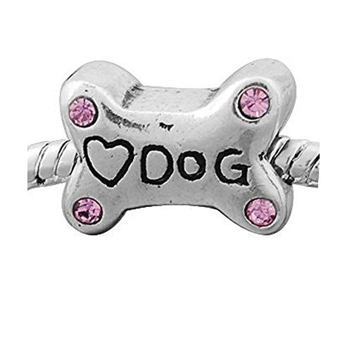 Love Dog Bone Spacer Bead Charm with Pink  Stone For Snake Chain Charm Bracelet