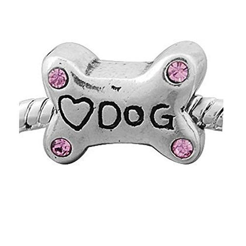 Love Dog Bone Spacer Bead Charm with Pink  Stone For Snake Chain Charm Bracelet - Sexy Sparkles Fashion Jewelry - 1