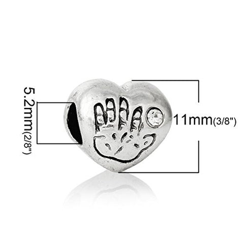 Heart w/ Hand Print and  Crystal Bead Compatible for Most European Snake Chain Bracelet (Clear) - Sexy Sparkles Fashion Jewelry - 3