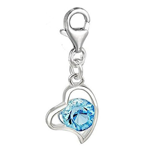Clip on March Birthstone Heart Charm Pendant for European Jewelry w/ Lobster Clasp