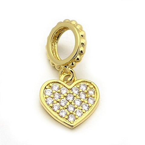 High Quality Gold Tone Clear  Cubic Zirconia Heart Dangle Charm European Bead Compatible for Most European Snake Chain Bracelet - Sexy Sparkles Fashion Jewelry - 1