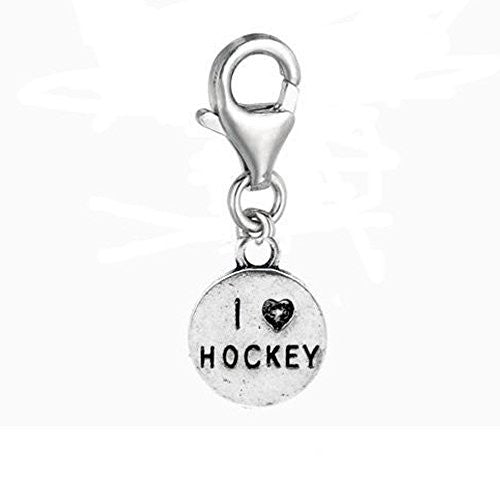 Clip on I Love Hockey Charm Pendant for European Jewelry w/ Lobster Clasp