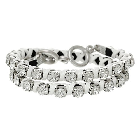 Cowhide Leather Toggle Clasp Bracelet White Clear Rhinestone 42cm(16 4/8") long - Sexy Sparkles Fashion Jewelry - 1