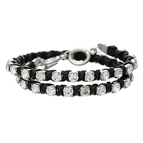 Cowhide Leather Toggle Clasp Bracelet Black Clear Rhinestone 42cm(16 4/8") - Sexy Sparkles Fashion Jewelry - 1