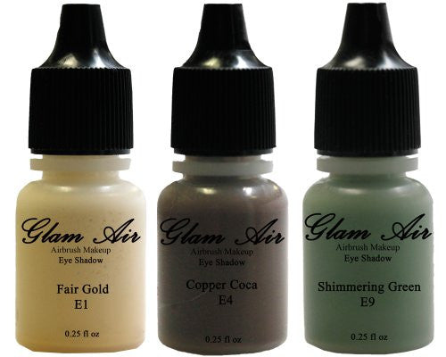 Glam Air Set of Three (3) s-E1 Fair Gold E4Copper Cocoa, & E9shimmery Green,  Airbrush Water-based 0.25 Fl. Oz. Bottles of Eyeshadow Shimmery Green, Copper Cocoa, Fair Gold - Sexy Sparkles Fashion Jewelry - 1