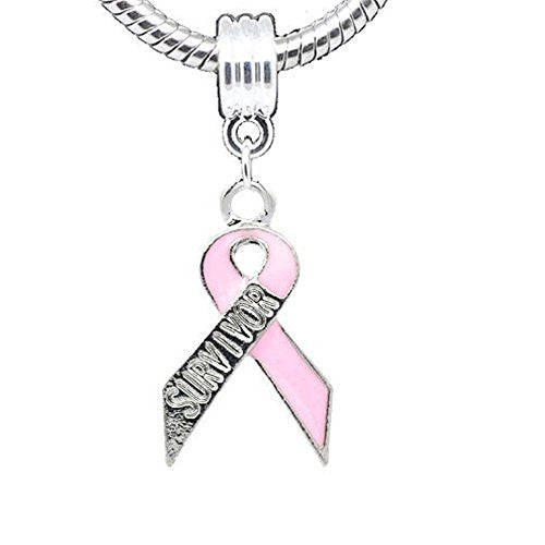 Pink Ribbon Survivor Awarness Charm Dangle European Bead Compatible for Most European Snake Chain Bracelet