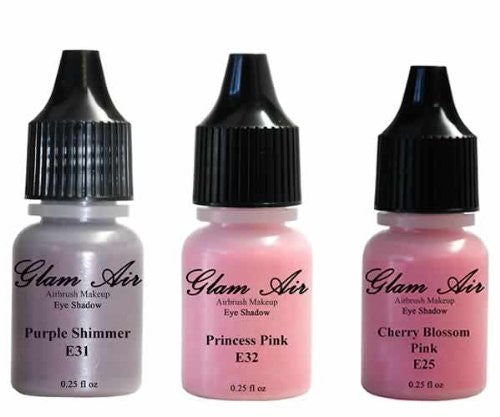 Glam Air Set of Three (3) Airbrush Eye Shadow s-E25 Cherry Blossom, E31Purple Shimmer and E32 Princess Pink Airbrush Water-based 0.25 Fl. Oz. Bottles of Eyeshadow - Sexy Sparkles Fashion Jewelry - 1