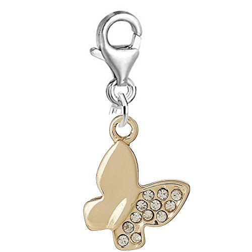 Butterfly with Clear  Crystals Clip on Charm Pendant for European Charm Jewelry w/ Lobster Clasp