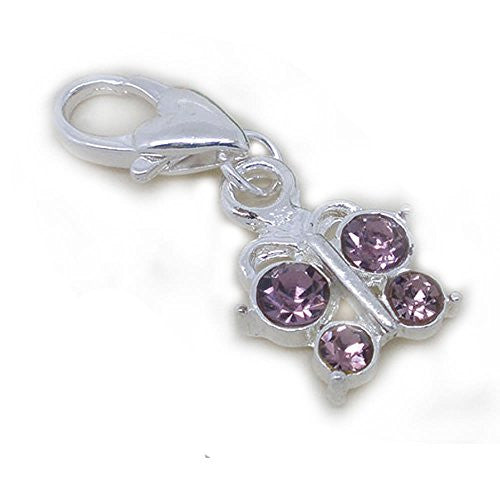 Purple and Clear ed Crystal Butterfly Clip On Pendant for European Charm Jewelry w/ Lobster Clasp