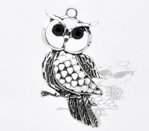 Silver Tone  Rhinestone Owl Charm Pendant for Necklace