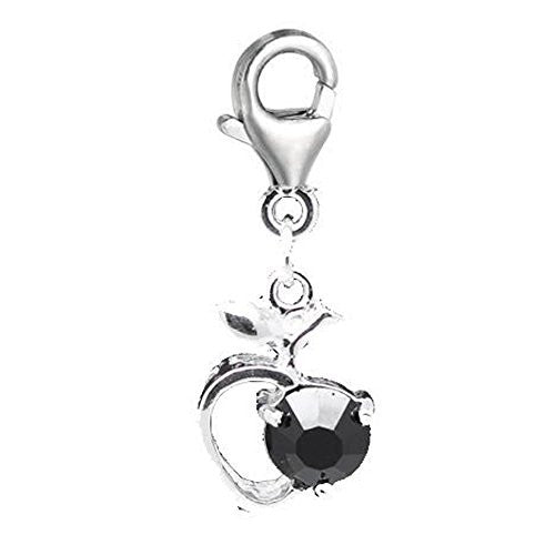Clip on Black Rhinestone Apple Heart Charm Pendant for European Jewelry w/ Lobster Clasp
