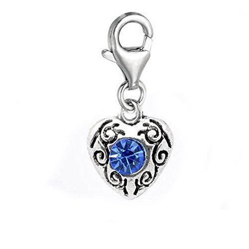 September Birthstone Heart Charm for European Clip on Charm Jewelry w/ Lobster Clasp