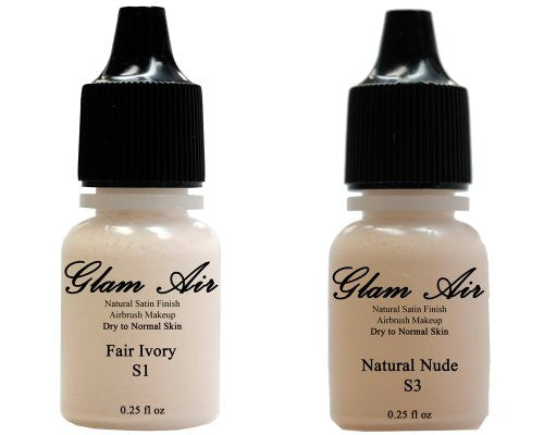 Airbrush Makeup Foundation Satin S1 Fair Ivory and S3 Natural Nude Water-based Makeup Lasting All Day 0.25 Oz Bottle By Glam Air