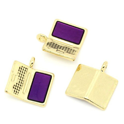 Gold plated base Tone Computer/laptop with Purple Enamel Screen Charm Pendant - Sexy Sparkles Fashion Jewelry - 3
