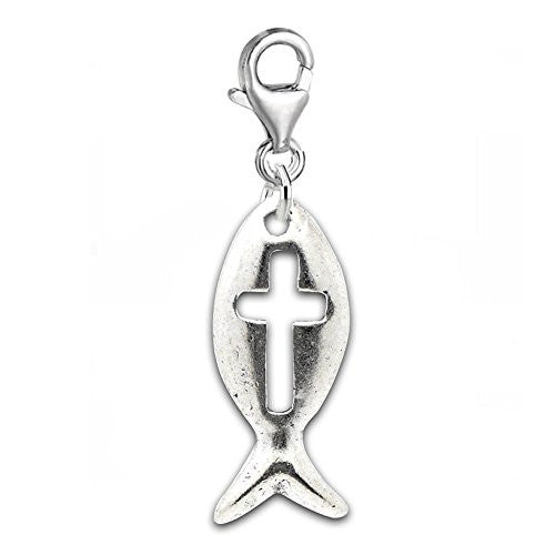 Clip-on Jesus Fish Charm Pendant for European Charm Jewelry w/ Lobster Clasp