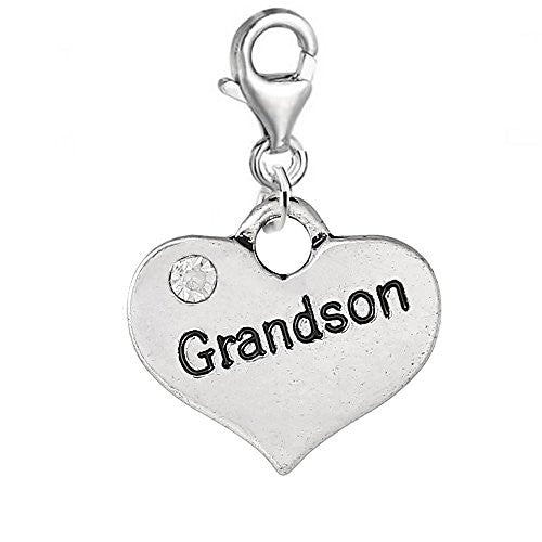 Heart 2 Sided w/ Clear  Crystal Stones Grandson Charm Clip On Pendant w/ Lobster Clasp - Sexy Sparkles Fashion Jewelry