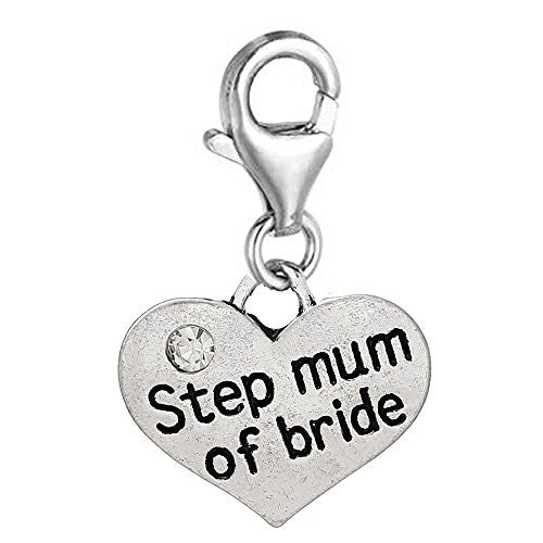 Step Mom of Bride Two Sided Heart W/  crystal Charm Pendant for European Jewelry w/ Lobster Clasp - Sexy Sparkles Fashion Jewelry