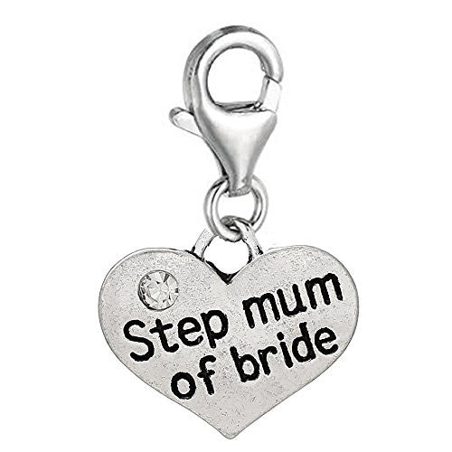Step Mom of Bride Two Sided Heart W/  crystal Charm Pendant for European Jewelry w/ Lobster Clasp
