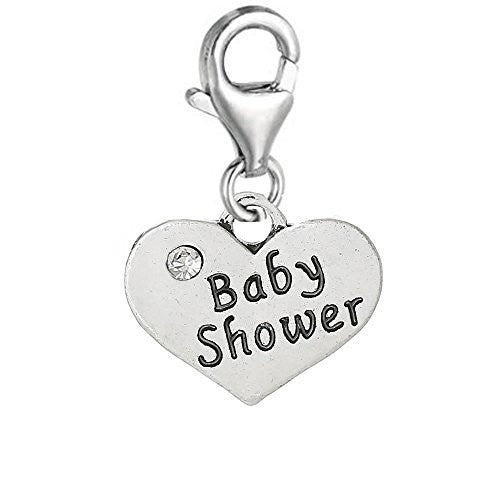 2 Sided Baby Shower Heart w/ Crystals Clip On Pendant for European Charm Jewelry w/ Lobster Clasp - Sexy Sparkles Fashion Jewelry