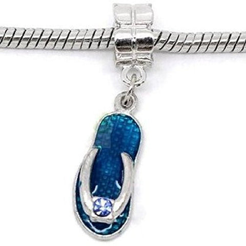 Beach Sandal Charm Dangle Blue With  Crystals Bead Charm Spacer For Snake Chain Charm Bracelet - Sexy Sparkles Fashion Jewelry - 1