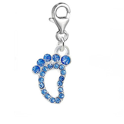 Blue Baby Feet Bead Clip on Pendant for European Charm Jewelry w/ Lobster Clasp